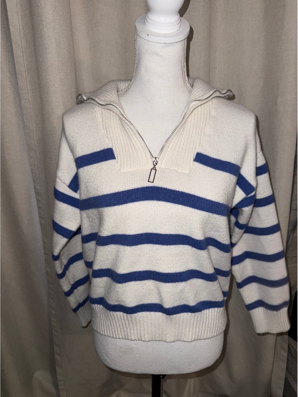 Cream & Blue Striped Half\-Zip Knit Sweater — Fits Medium